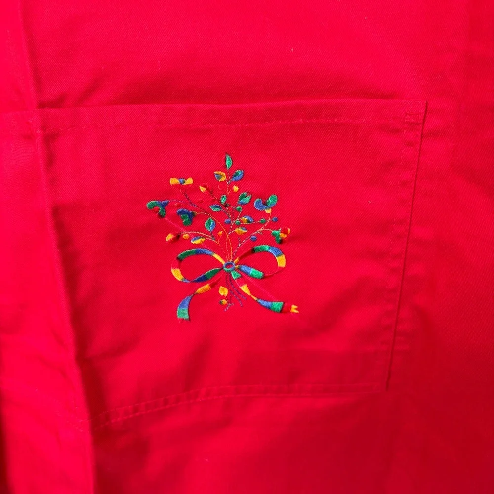 Dependability Bib Apron OS Red Floral Embroidered Pockets Twill‎ Workwear